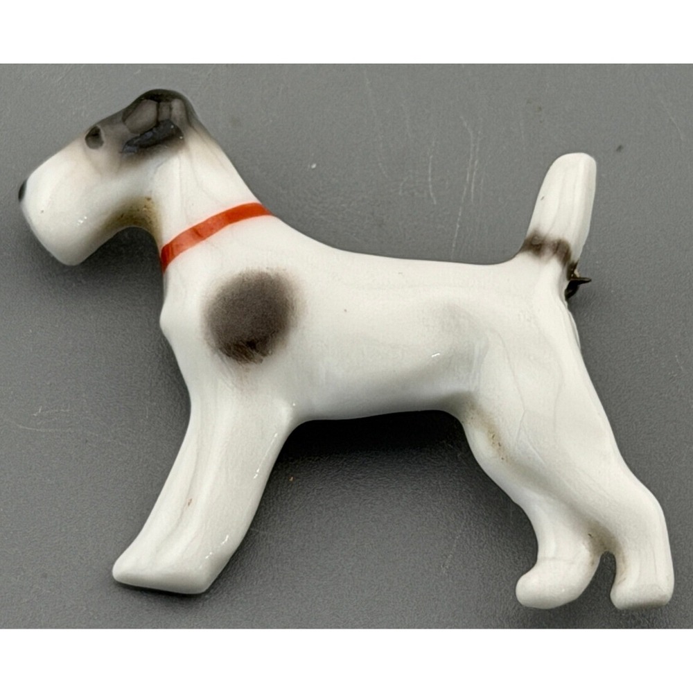 Vintage Germany Porcelain Brooch Wire Fox Terrier Dog Pin Hand Painted 1.25"